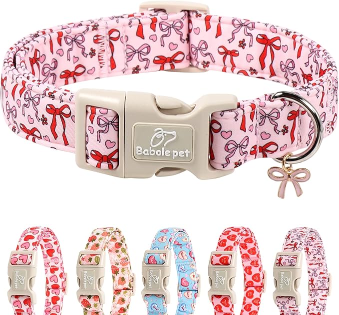 Babole Pet Girl Dog Collar for Small Dogs - Cute Heart Bow Print Girly Dog Collars, Soft Adjustable Spring/Summer Holiday Female Dogs Collar with Quick-Release Buckle XS