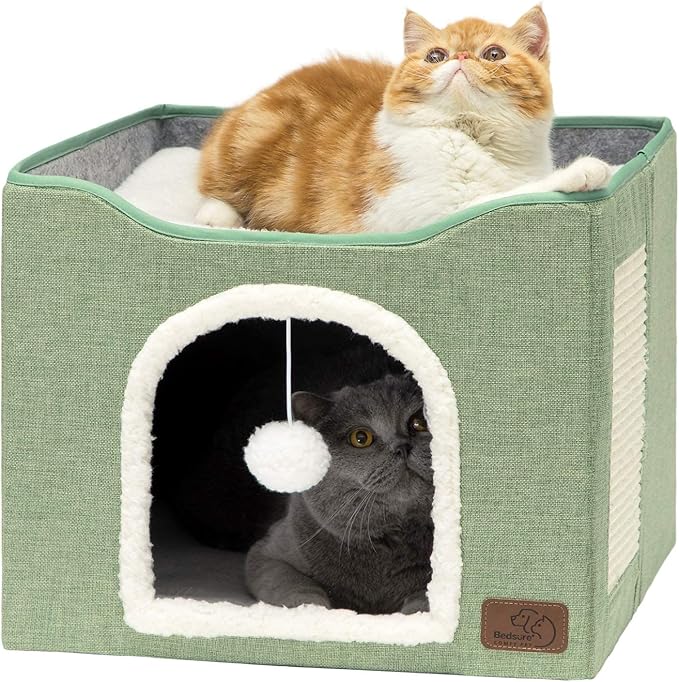 Bedsure Cat House Bed for Indoor Cats with Fluffy Ball and Scratch Pad