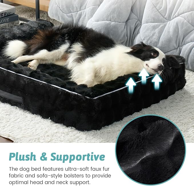 COZY KISS Faux Rabbit Fur Orthopedic Dog Bed, Large Dog Bed, Supportive Foam Pet Sofa with Waterproof Lining Cover, Washable U-Shaped Pet Couch with Anti-Slip Bottom Design, Black XL 42x30x7 inch