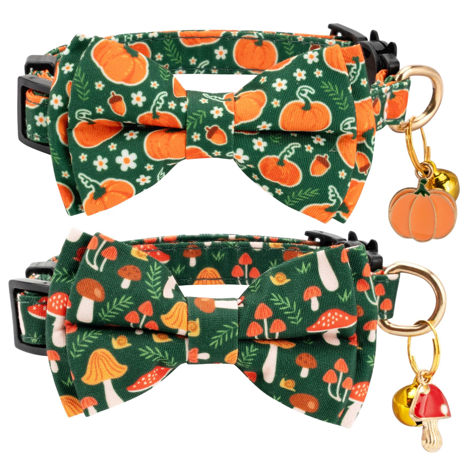 Gelwoo 2 Pack Cotton Cat Collar with Bow Tie and Bell for Male Female Cats,Soft Fancy Breakaway Kitty Kitten Collar with Ghost& Pumpkin Patterned Design for Boy Girl Cats. (Pumpkin&Mushroom)