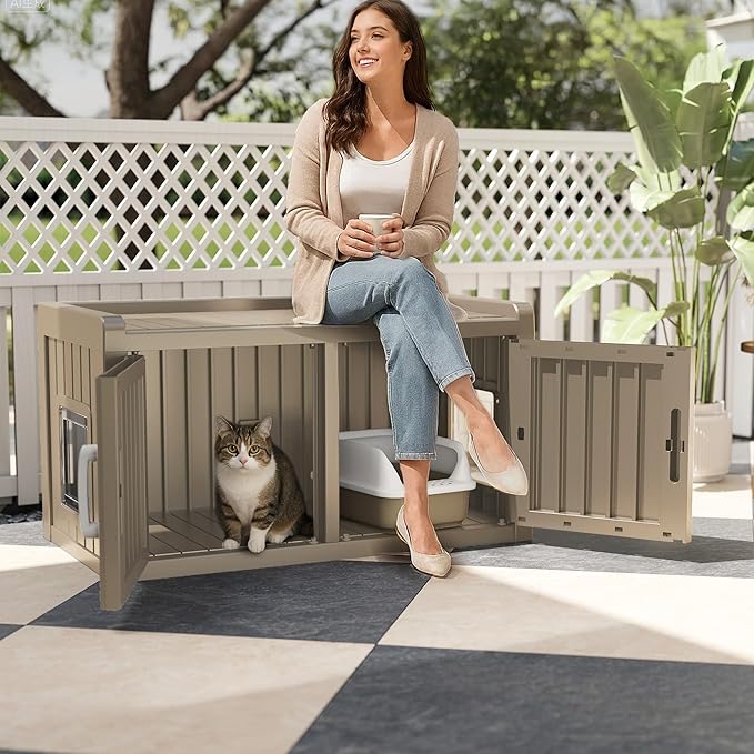 KFY Cat Litter Box Enclosure Resin Hidden Cat Litter Box Furniture Multi-Functional Double Door Spacious Odorless Waterproof UV-Resistant Indoor Outdoor Use Grey