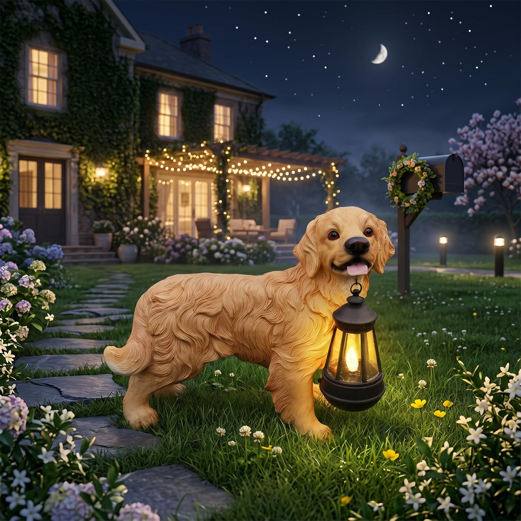 UNOIRNM Golden Retriever Statue Outdoor Decorations – Outdoor Dog Statue Standing Golden Retriever with Removable Solar Light & Welcome Sign for Patio Décor