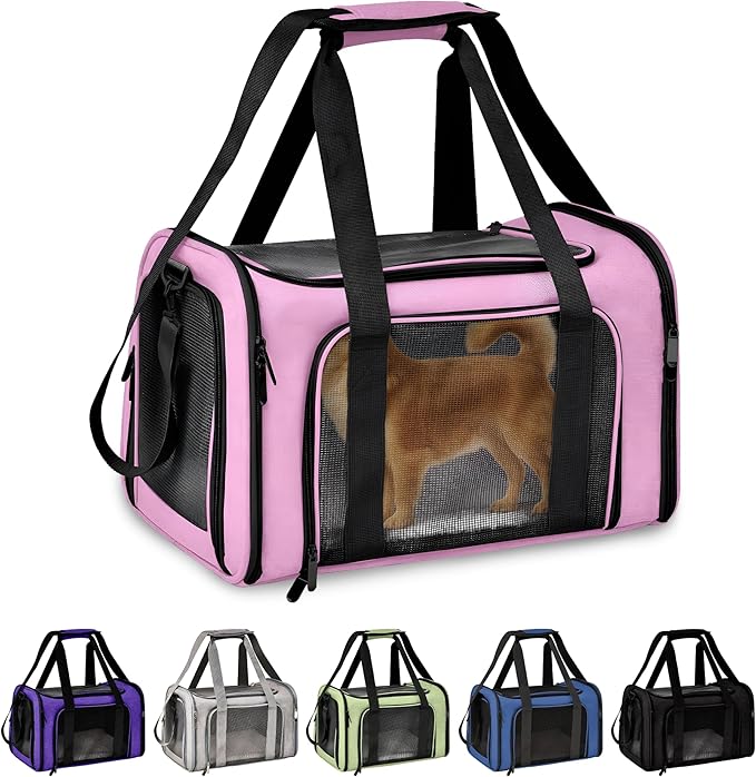 Pet Travel Carrier Bag – Airline Approved Soft-Sided Dog & Cat Carrier, Foldable, Breathable Mesh, Washable Pad – Fits Pets up to 15 lbs – The Pup Quartet (Blue)