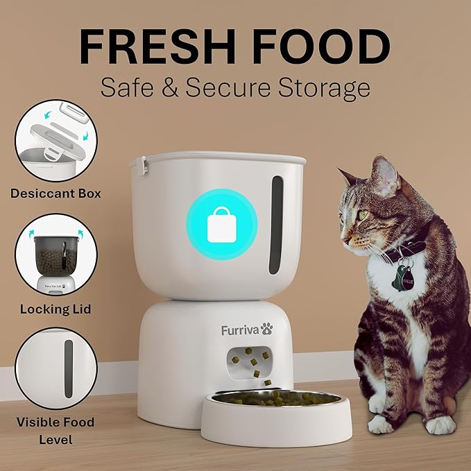 Automatic Cat Feeder and Water Fountain Set, White - 3L Food and Water Dispenser, Locking Lid, Plug-in/Battery Powered, Programmable Portions, 4 Meals/Day, 10s Voice Recorder for Cats and Small Dogs
