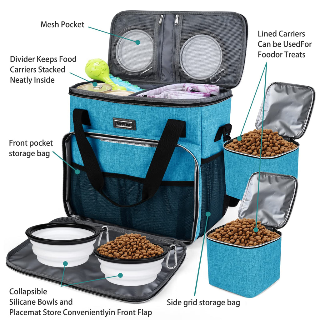 BAGLHER Dog Travel Bag, Pet Travel Bag (ALL Pet Travel Supplies), With 2 Pet Food Containers and 2 Collapsible Silicone Bowls; Essential Kits for Pet Travel Sky Blue