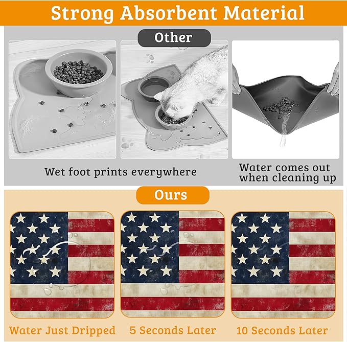 Retro Flag Dog Cat Food Mat,Absorbent Waterproof Placemat for Food and Water Non Slip Rubber Backing Durable Feeding Pad for Clean Floors 12" x 20"
