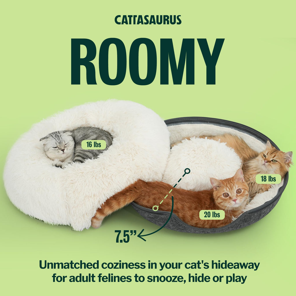 Cattasaurus Peekaboo Cat Cave for Multiple & Large Cats Up to 30-45 Lbs, Fluffy Cat Beds for Indoor Cats, Scratch Detachable & Washable Tunnel Bed, Comfy Donut Cave (Dark Gray, Large (Calming))