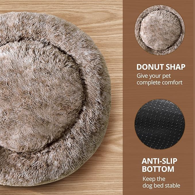 JOLLYVOGUE Calming Dog Beds Large Sized Dog, 36in Donut Washable Large Pet Bed, Anti-Slip & Anti-Anxiety Fluffy Faux Fur Round Dogs Bed, Fits up to 80 lbs Pets (Smoke Brown)