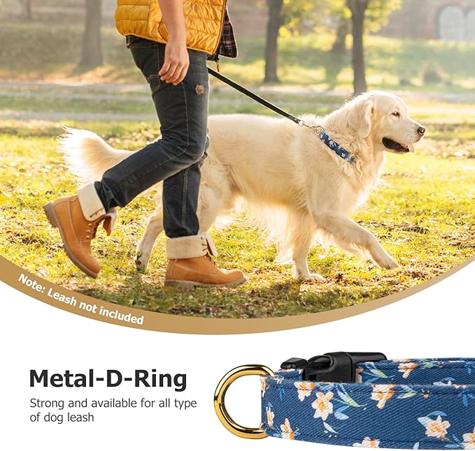 Cotton Handmade Dog Collar Cute and Distinctive Patterns Blue Tulip with Pendant for Girl Boy Dogs Collars L