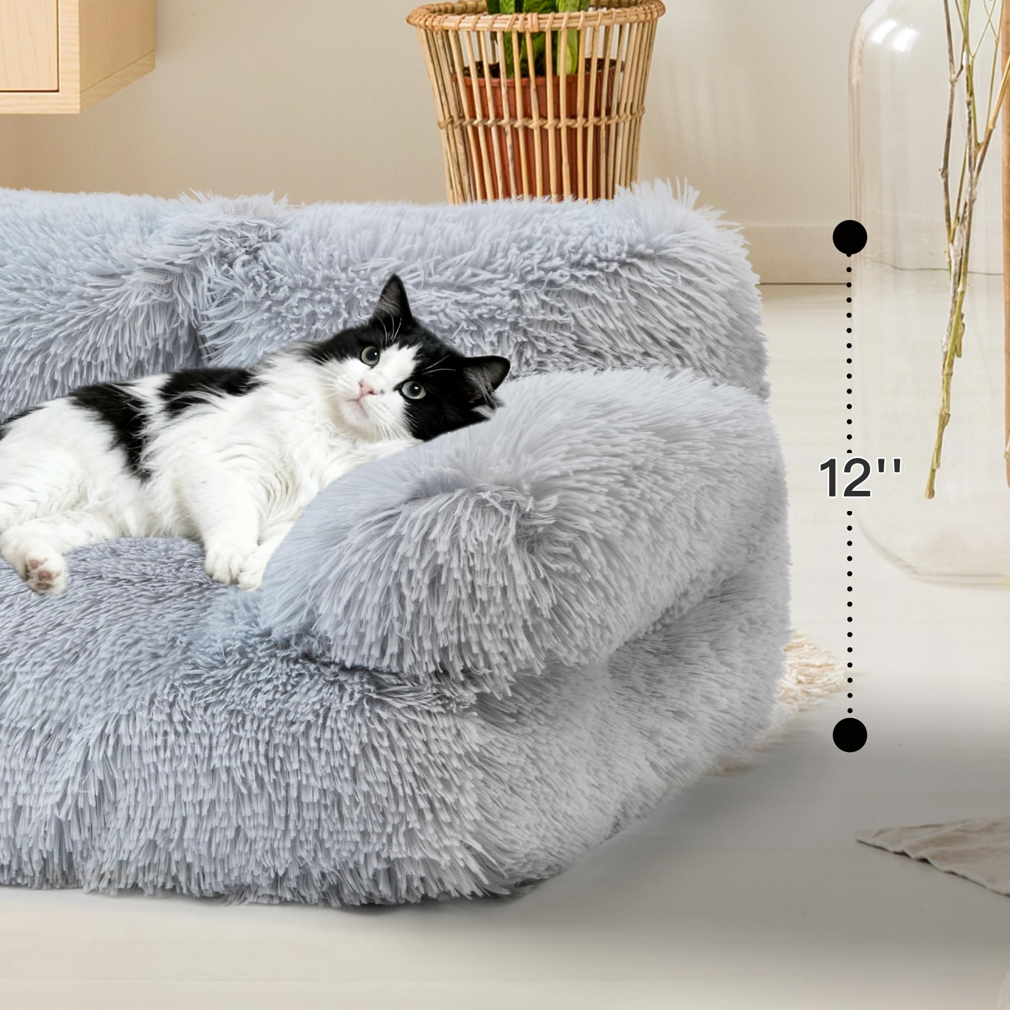 FURMORENE Large Cat Beds for Indoor Cats, Dog Couch Bed, Cute Cat Couch Sofas for Less 20lbs Kitten Puppy, Small Dog Sofas & Chairs with Removable Washable Cover, Warm Pet Furniture, Plush Light Grey