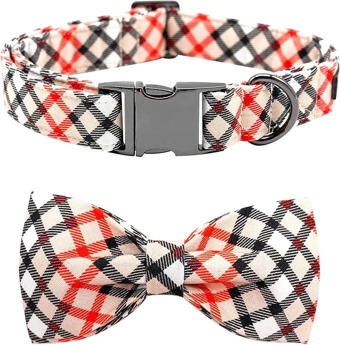 Bobo Rainbow Dog Collar, Bow Dog Collar Beige Plaid Pet Collar Cute Pet Bow Soft Girl or Boy Puppy Collars with Metal Buckle Adjustable Collars for X-Small Dogs