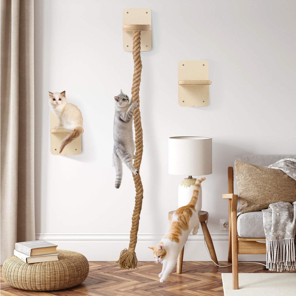 Cat Wall Shelves with 2 x 60 Inch Climbing Rope, Wall Mounted Cat Tree
