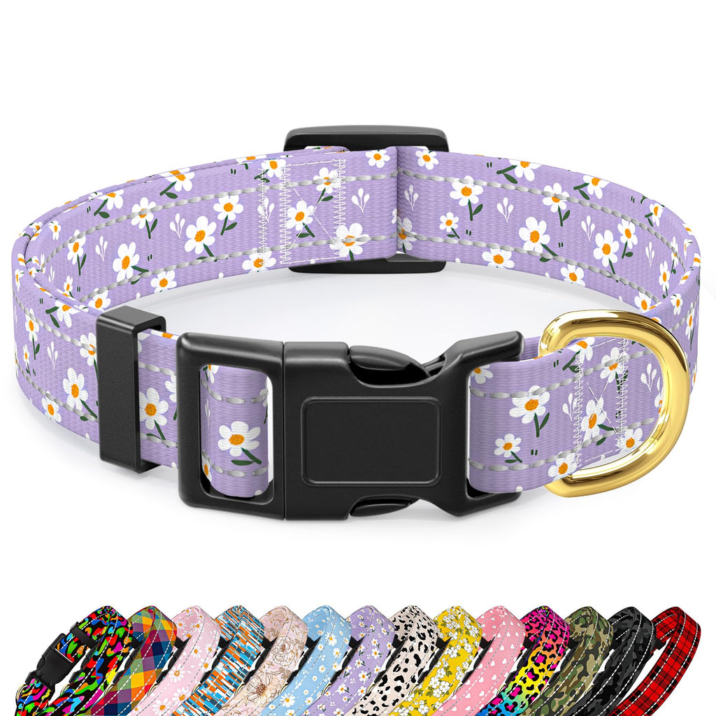 TMOODEL Reflective Adjustable Dog Collar for Medium Dogs,Purple Flower, M