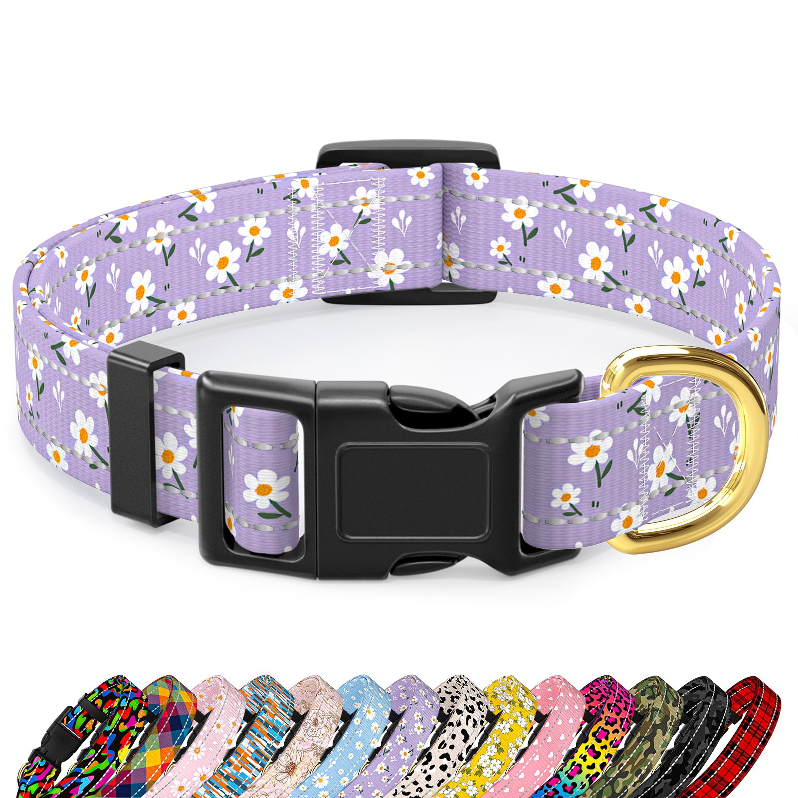 TMOODEL Reflective Adjustable Dog Collar for Medium Dogs,Purple Flower, M
