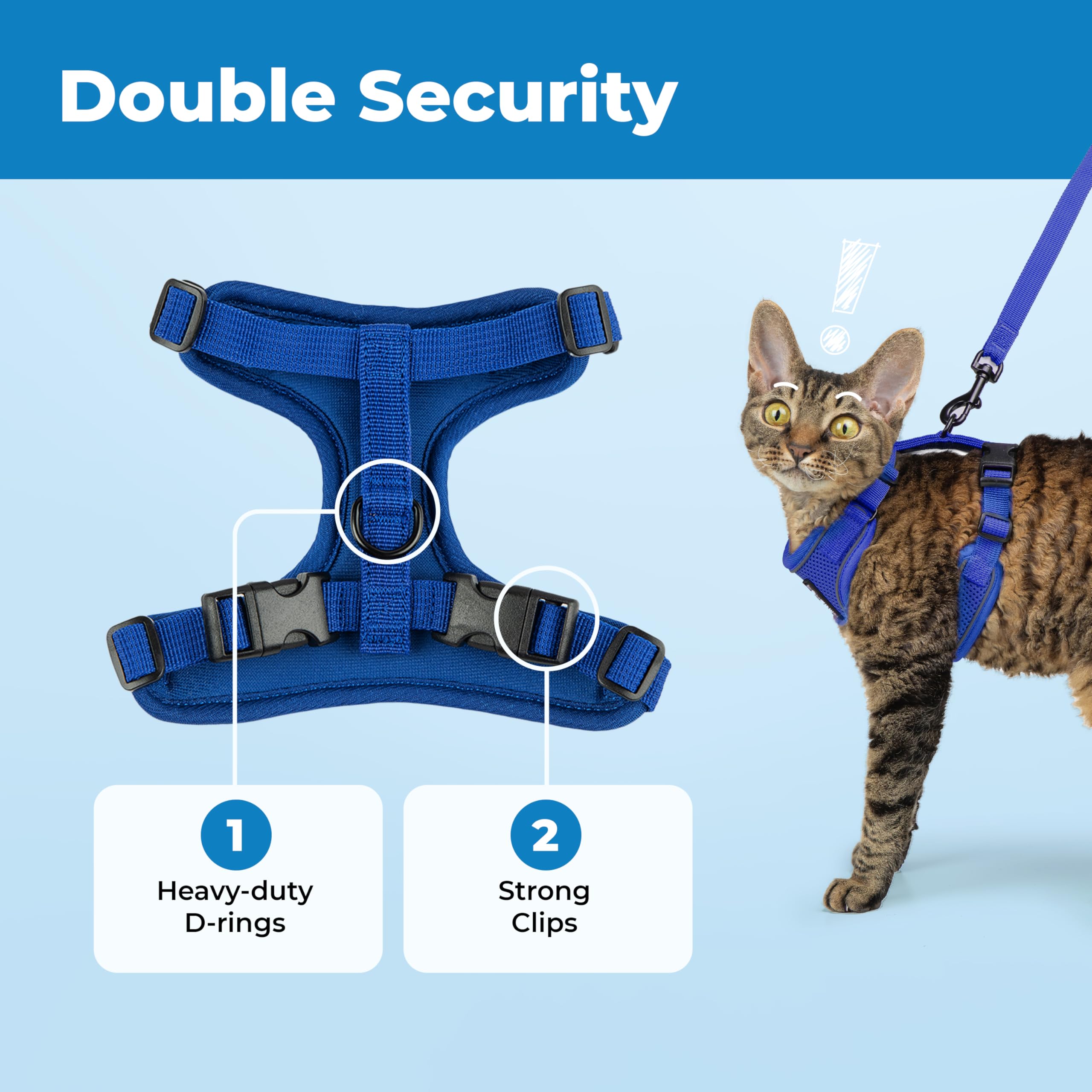 Voyager Escape-Proof Step-in Lock Cat Harness & 5ft Neoprene-Handle Leash Set All-Weather Mesh with Reflective Stitching for Small to Large Cats by Best Pet Supplies, Royal Blue (327), XXXS