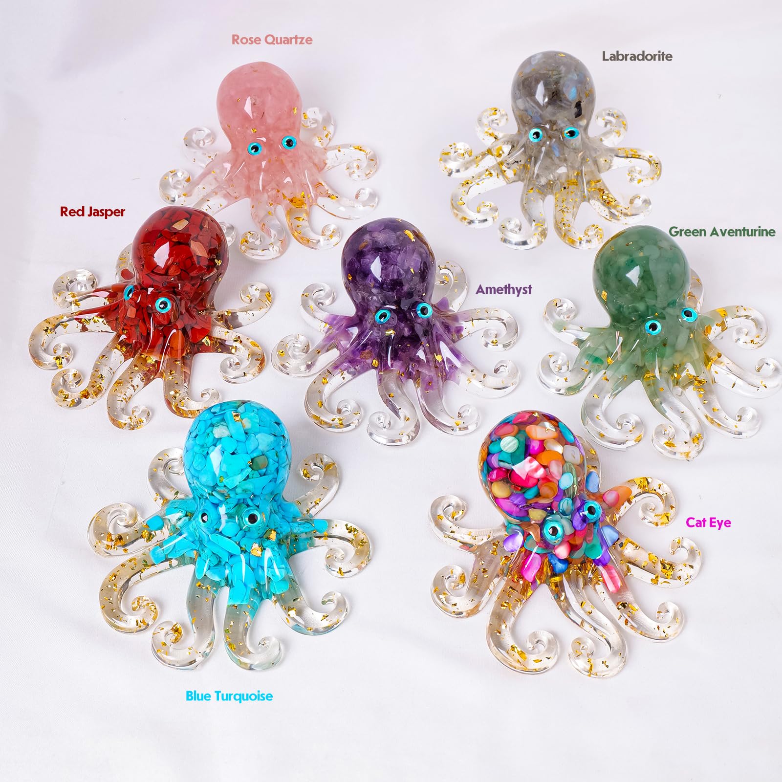 RJINGSHI Octopus Decor Aquarium Turquoise Decorative Resin Glass with Natural Crystal Stone Marine Animals Fish Tank Ornaments Statue Healing Home Decor Ladies Gift 3.93"