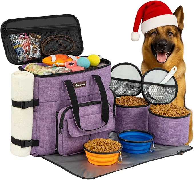 Modoker Dog Travel Organizer Carriers for Supplies & Accessories, Airline Approved Cat Pet Travel Bag, 2 Collapsible Bowls, 2 Travel Dog Food Container