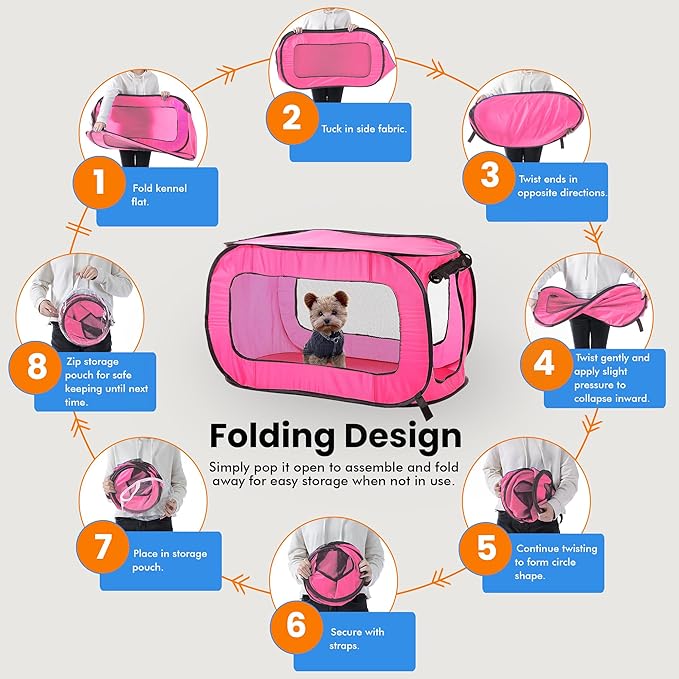 Beatrice Home Fashions Portable, Collapsible, Pop Up Kennel Travel Cat and Dog Crate, 36" L x 22" W x 22" H, Fuchsia
