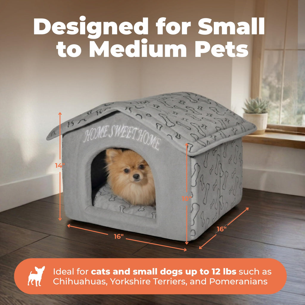 Best Pet Supplies Cat Bed for Indoor Cat, Domed Tent House with Removable Pillow, Covered Cat Cave for Small Dog, Puppies and All Breeds of Cats - Silver w/ Bones, 16 x 16 x H:14"
