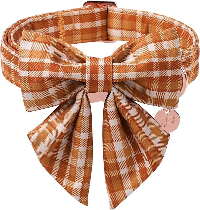 UP URARA PUP Fall Plaid Dog Collar and Bow Tie Set – Brown Orange Checkered Adjustable Collar with Maple Leaf Charm for Small Medium Large Dogs, Soft Cotton Puppy Collar with Quick Release Buckle
