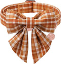 UP URARA PUP Fall Plaid Dog Collar and Bow Tie Set – Brown Orange Checkered Adjustable Collar with Maple Leaf Charm for Small Medium Large Dogs, Soft Cotton Puppy Collar with Quick Release Buckle