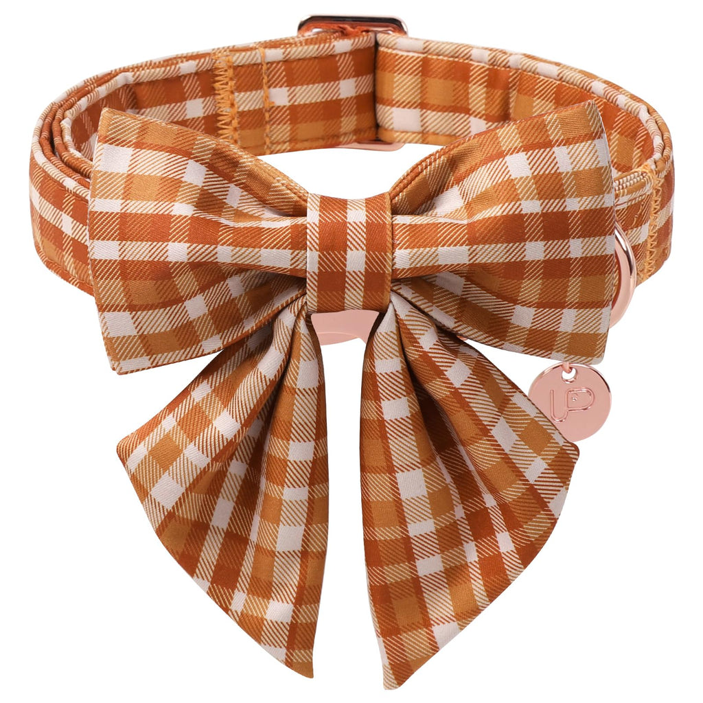 UP URARA PUP Fall Plaid Dog Collar and Bow Tie Set – Brown Orange Checkered Adjustable Collar with Maple Leaf Charm for Small Medium Large Dogs, Soft Cotton Puppy Collar with Quick Release Buckle