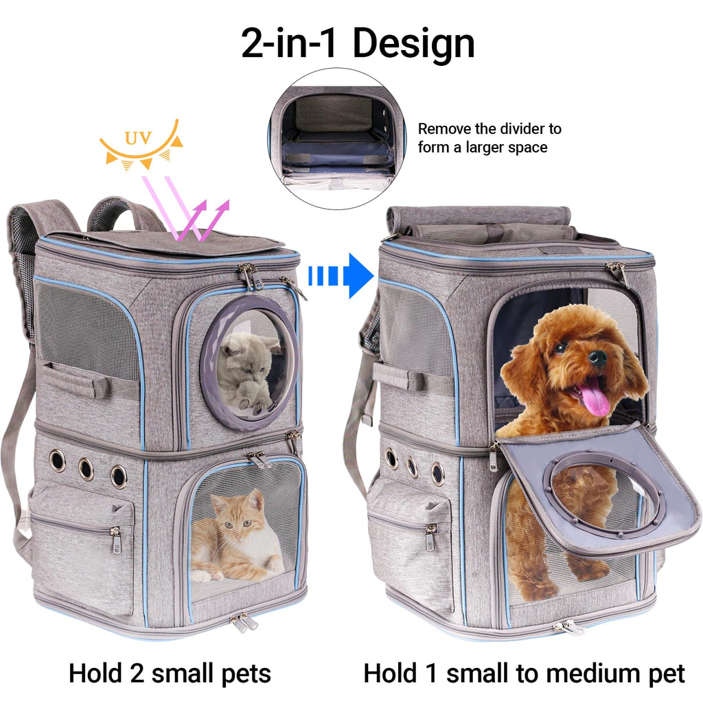 2-in-1 Pet Carrier Backpack for Two Cats or One Dog, Double-Layer 2 Compartment Carry Bag to Transport Small Animals Traveling and Hiking, Space Capsule Clear Bubble Dome
