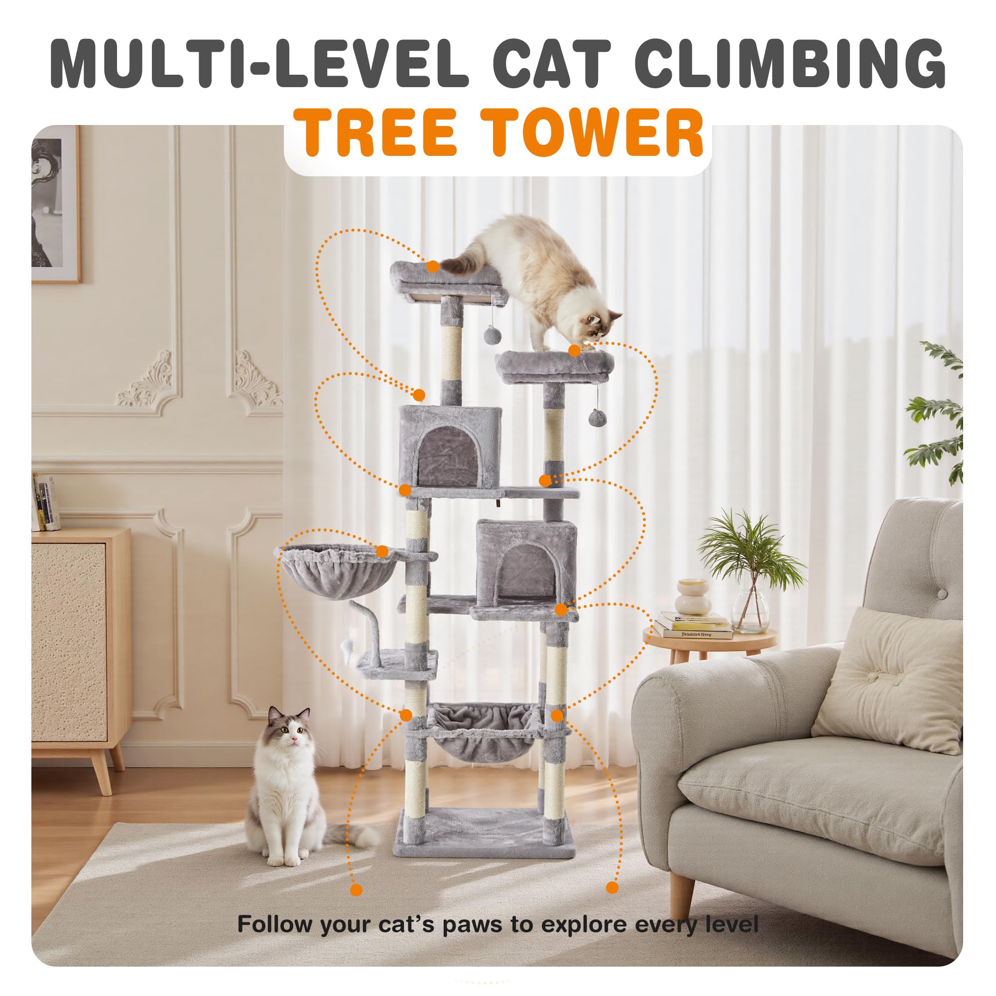 Sweetcrispy 71 Inch Cat Tree Tower with Natural Sisal Scratching Post