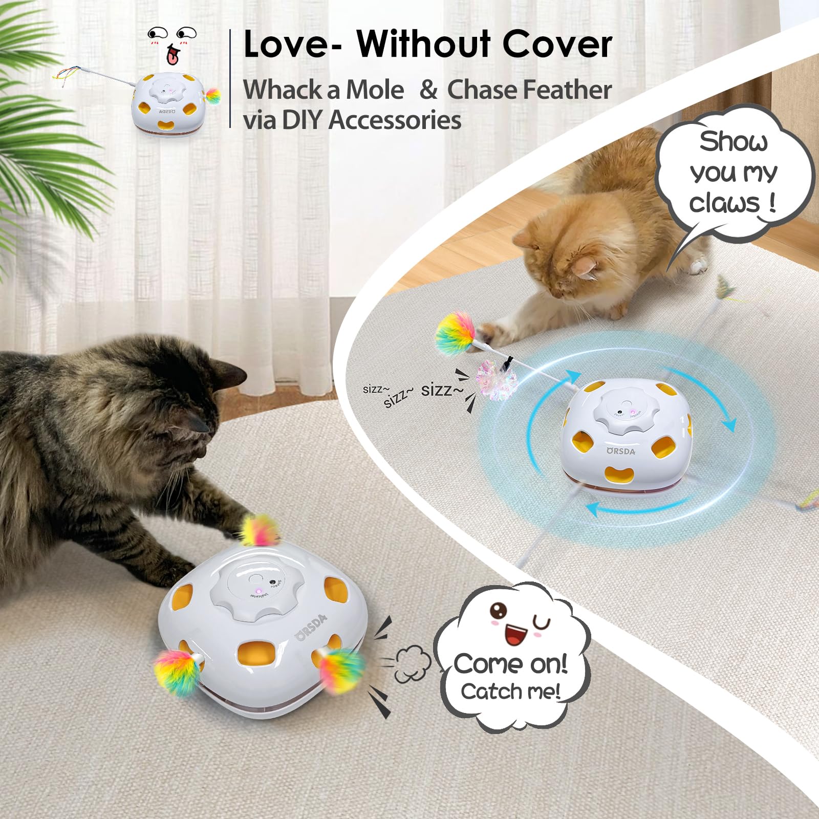 ORSDA Cat Toys, 4 in 1 Interactive Cat Toys for Indoor Kitten, Automatic Electric Enrichment Hide and Seek, Chase the Feather, 8 Holes Mice Whack-A-Mole, Catch Magic Wand