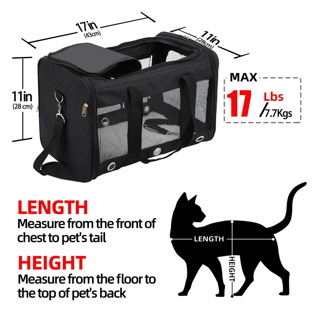 Soft Sided Cat/Dog Carrier,Collapsible Pets Travel Carriers for Pet/Puppy with Shoulder Strap & Removable Mat,Mesh Top Load Small Dogs/Cats Carry Bag Up to 17 Lbs TSA Airline Approved（Black,M）