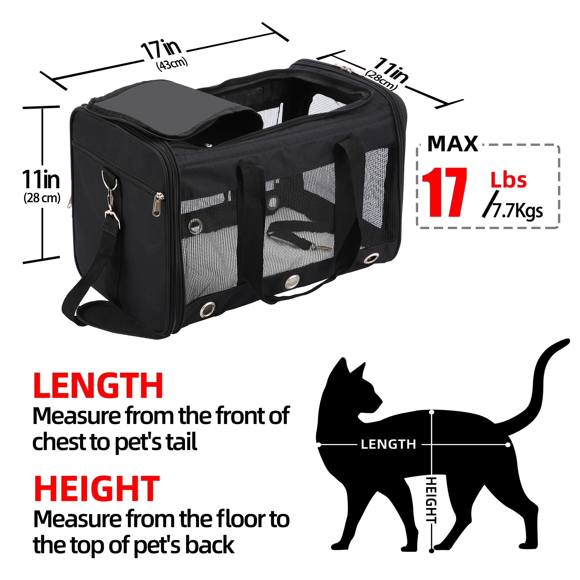Soft Sided Cat/Dog Carrier,Collapsible Pets Travel Carriers for Pet/Puppy with Shoulder Strap & Removable Mat,Mesh Top Load Small Dogs/Cats Carry Bag Up to 17 Lbs TSA Airline Approved（Black,M）
