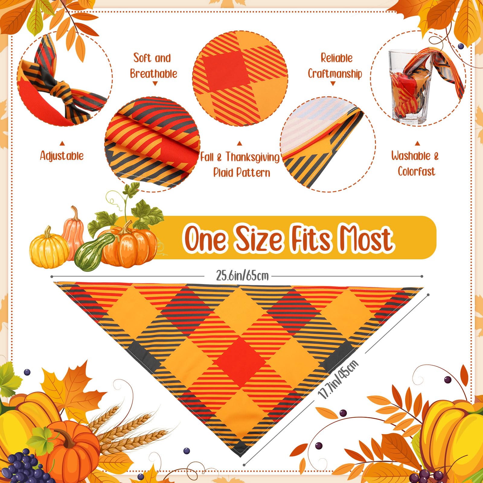 Sweetude 60 Pcs Fall Dog Bandanas Bulk Plaid Bandanas for Dogs Autumn Thanksgiving Pet Scarf Bibs Adjustable Triangle Scarves Costume Accessories Grooming Supplies for Small Medium Large