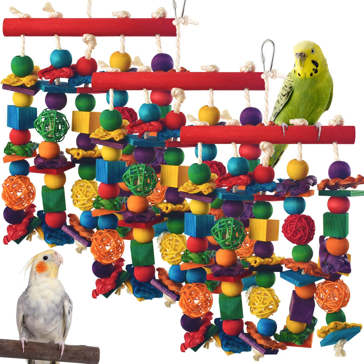 DBNESS Bird Toys, 2PCS Parrot Foraging Hanging Toy, Multicolored Natural Wooden Blocks Parakeet Chewing Toys mit Rattan Wicker Balls, for Medium Small Cockatoos Budgie Lovebird Cockatiel Conure