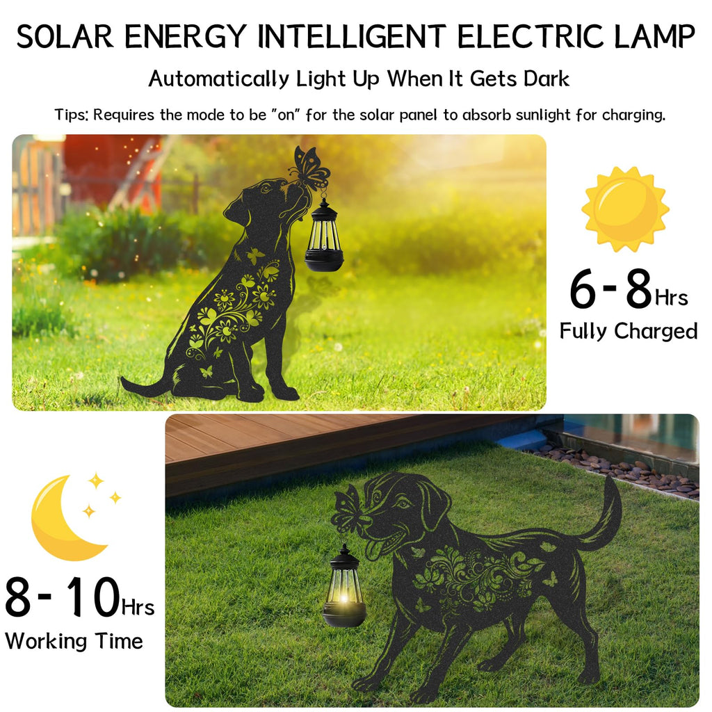 LIRAVENO Solar Lights Garden Decor - 2 Pcs Metal Dog Statues Outdoor