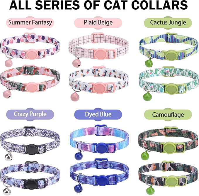 DILLYBUD Breakaway Cat Collars for Girl Boy Cats, Spring Summer All Weather Cat Collar Personalized Pattern 2 Pack,Cute Classic Safety Buckles and Bells,Adjustable Printed Nylon Colorful Kitten Collar