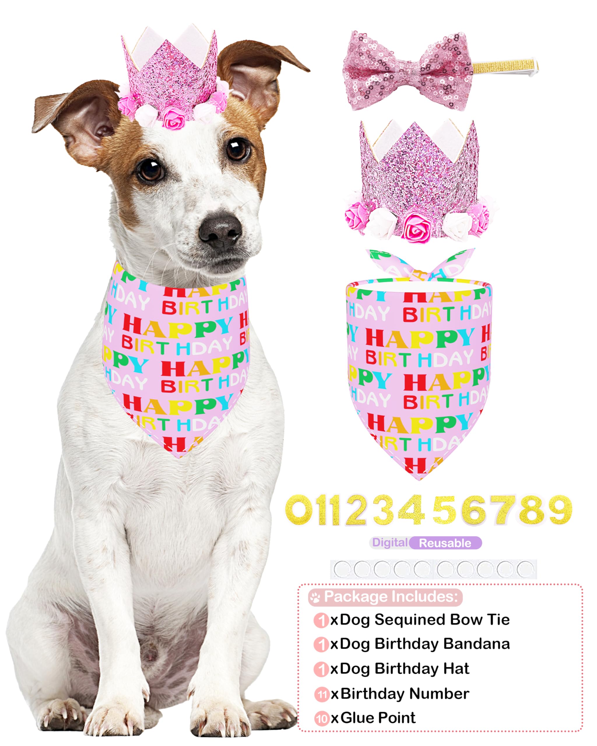 PET SHOW Pink Floral Hat, Bandana & Collar Bows Charms Set - Dog, Cat, Rabbit, Pig Birthday Gift - Reusable Adjustable Hat with 0-9 Figures, Pink for Girls - Apparel