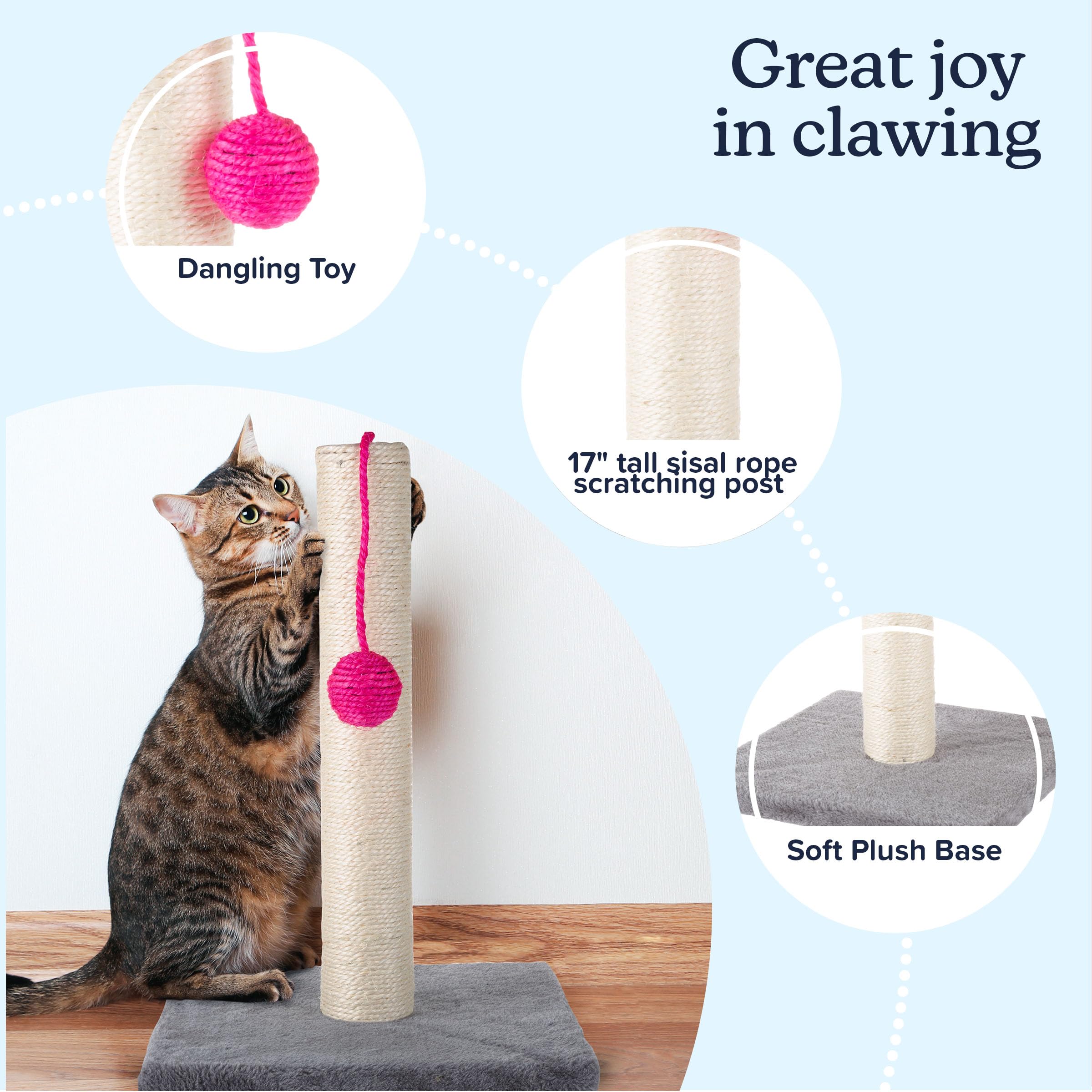17-Inch Cat Scratching Post - Sisal Rope and Carpet Scratching Pole with Bright Pink Hanging Ball Toy for Adult Cats and Kittens by PETMAKER (Gray)