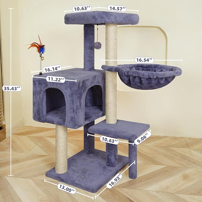 AIWIKIDE Cat Tree Has Scratching Toy with A Ball Activity Centre Cat Tower Furniture Jute-Covered Scratching Posts (Grey, 36.6'')