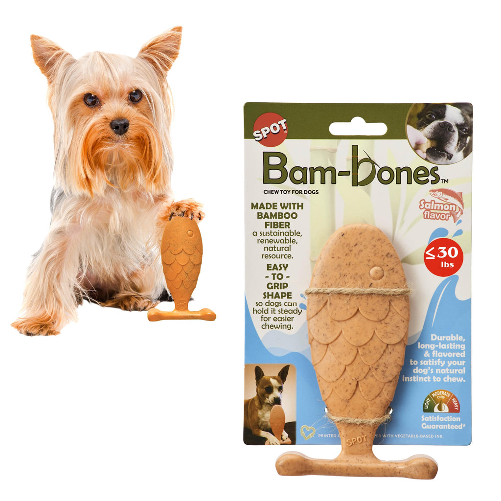 SPOT Bam-Bones Fish - Made with Strong Bamboo Fiber, Durable Long Lasting Dog Bone for Light to Moderate Chewers, Great Chew Toy for Adult Dogs & Teething Puppies Under 30lbs, 5.5in, Salmon Flavor