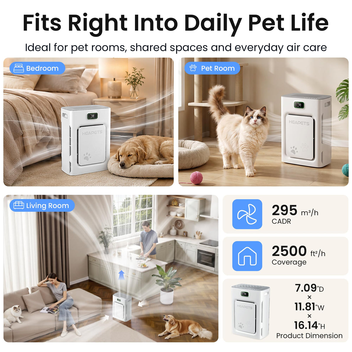 Pet Air Purifier for Home Large Room 2500 Sq Ft, H13 HEPA Double-Sided Filter with Washable Pre-filter, Adsorbs Pet Hair Dander Odor Allergies Smoke Dust,PM2.5 Air Quality Monitor,Auto Mode,P358 Grey