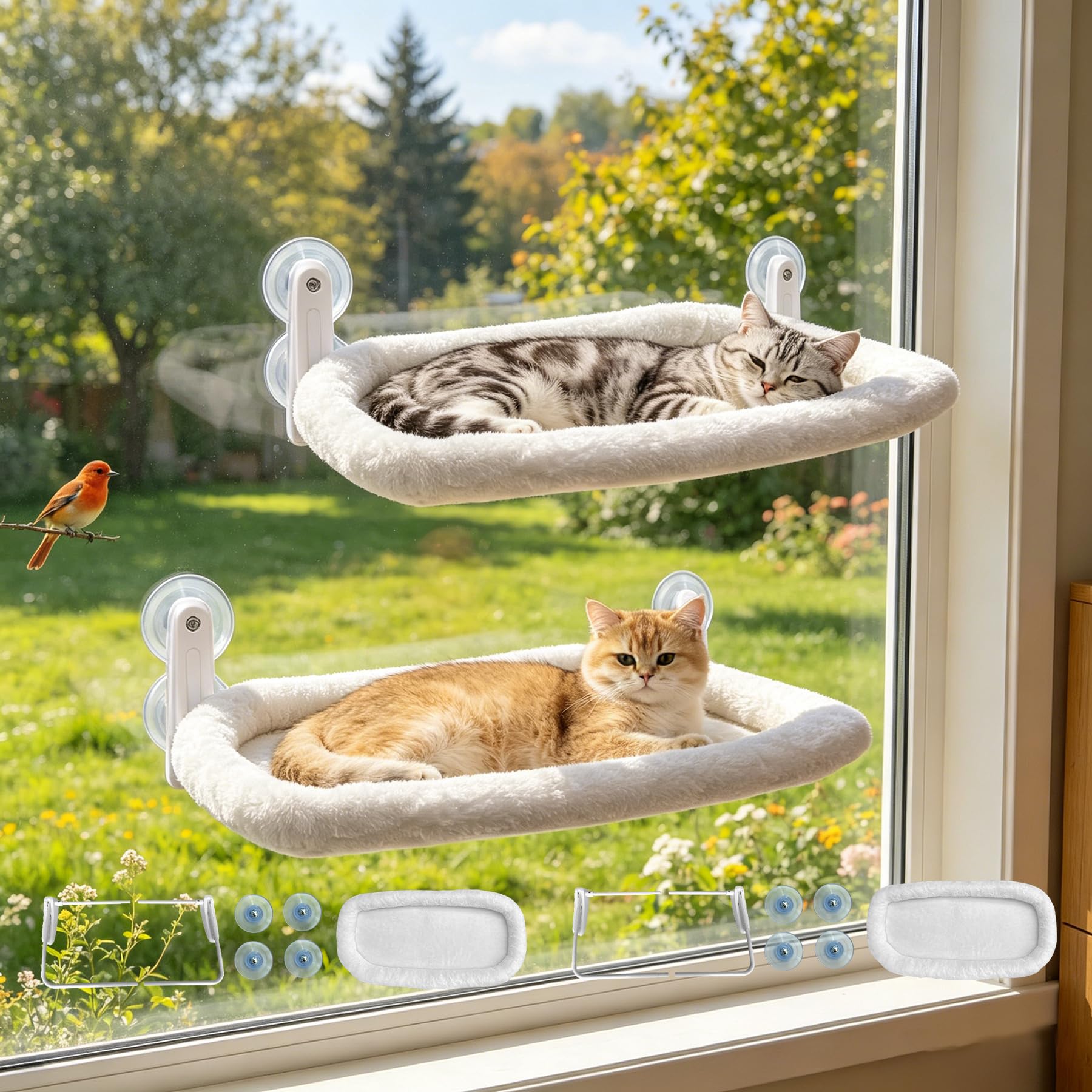 L&W BROS. 2PC Cat Window Perch Cushion Bed Cat Hammock with 4 Updated Suction Cups Easy to Assemble Window Bed for Heavy Large Cats (L White)