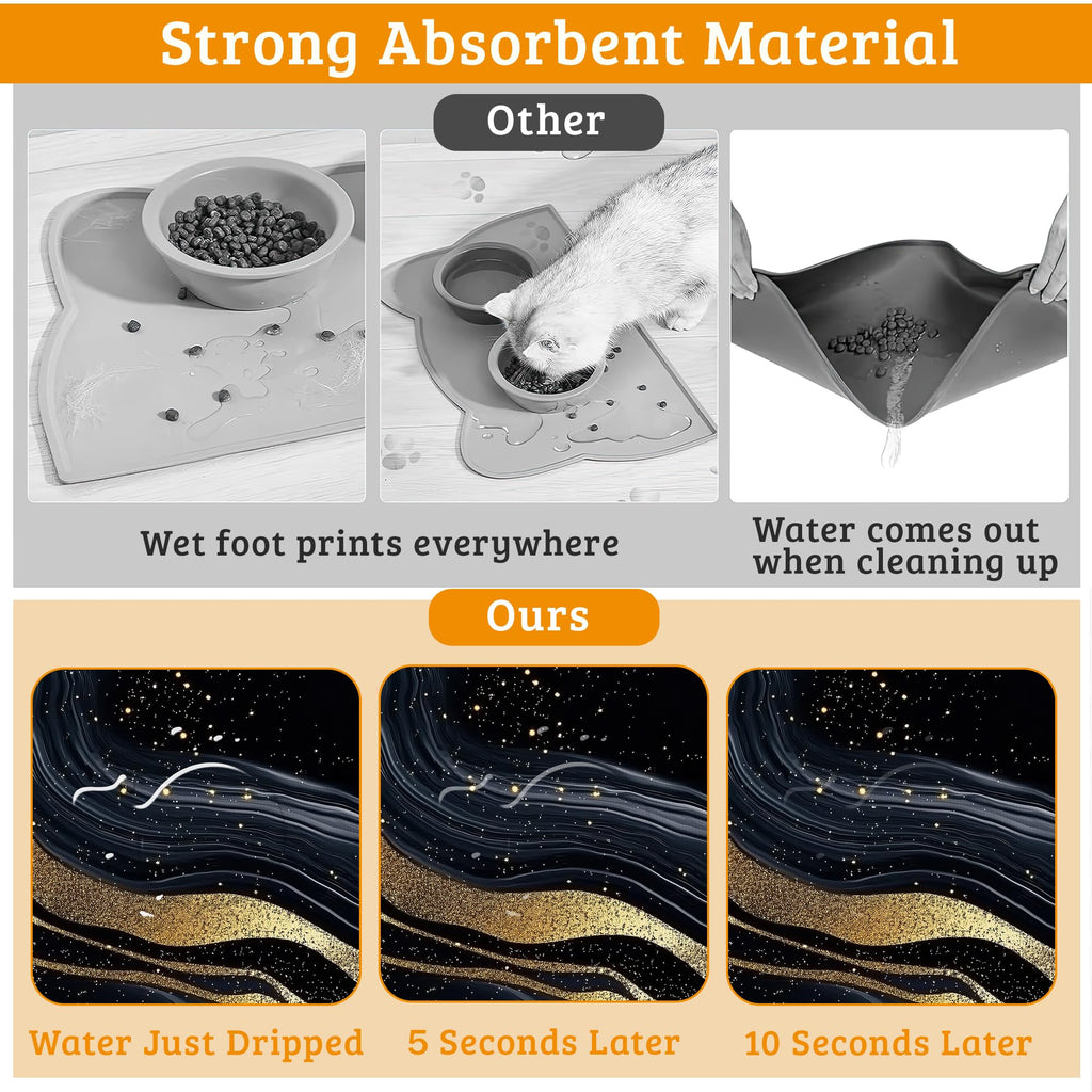 Dog Bowl Mat,Abstract Marbled Pet Feeding Mat for Floors Waterproof,Gold Black Absorbent Dogs Placemat for Food and Water Quick Dry Pet Cat Feeding Mats with Non Slip Bottom 16" x 24"