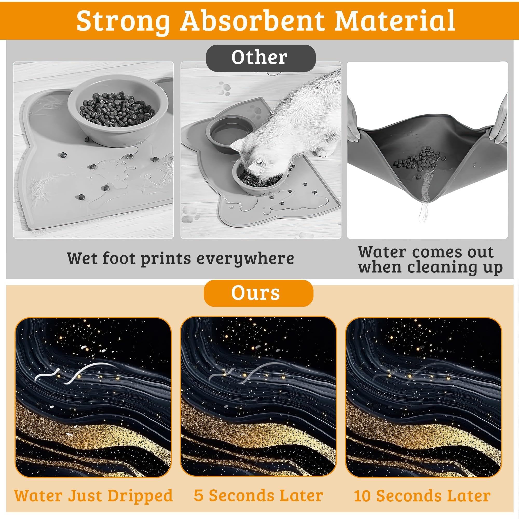 Dog Bowl Mat,Abstract Marbled Pet Feeding Mat for Floors Waterproof,Gold Black Absorbent Dogs Placemat for Food and Water Quick Dry Pet Cat Feeding Mats with Non Slip Bottom 16" x 24"