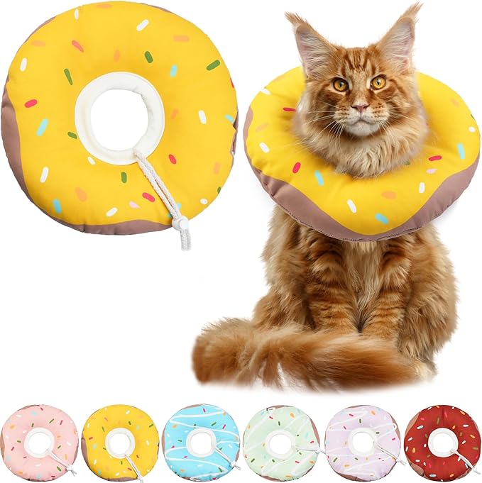 Cat Cone Collar Soft, Waterproof Cat Recovery Collars Spay Cones to Stop Licking Cute Donut E Collar After Surgery Anti-Lick Wound Healing Safety Elizabethan Collar for Kittens (Donut Yellow, Large)
