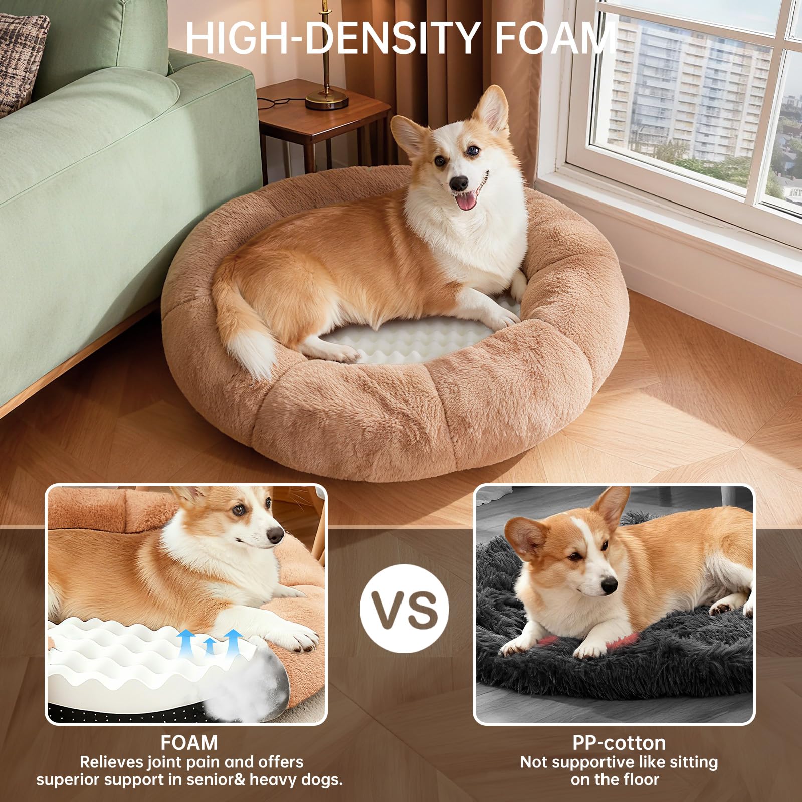 OhGeni 31 inches Calming Donut Orthopedic Dog & Cat Bed for Medium Pets, Warming Comfort Fluffy Short Pile Fur, Durable Waterproof Machine Washable Removable Cover, Cute Round Bed for Puppy, Camel