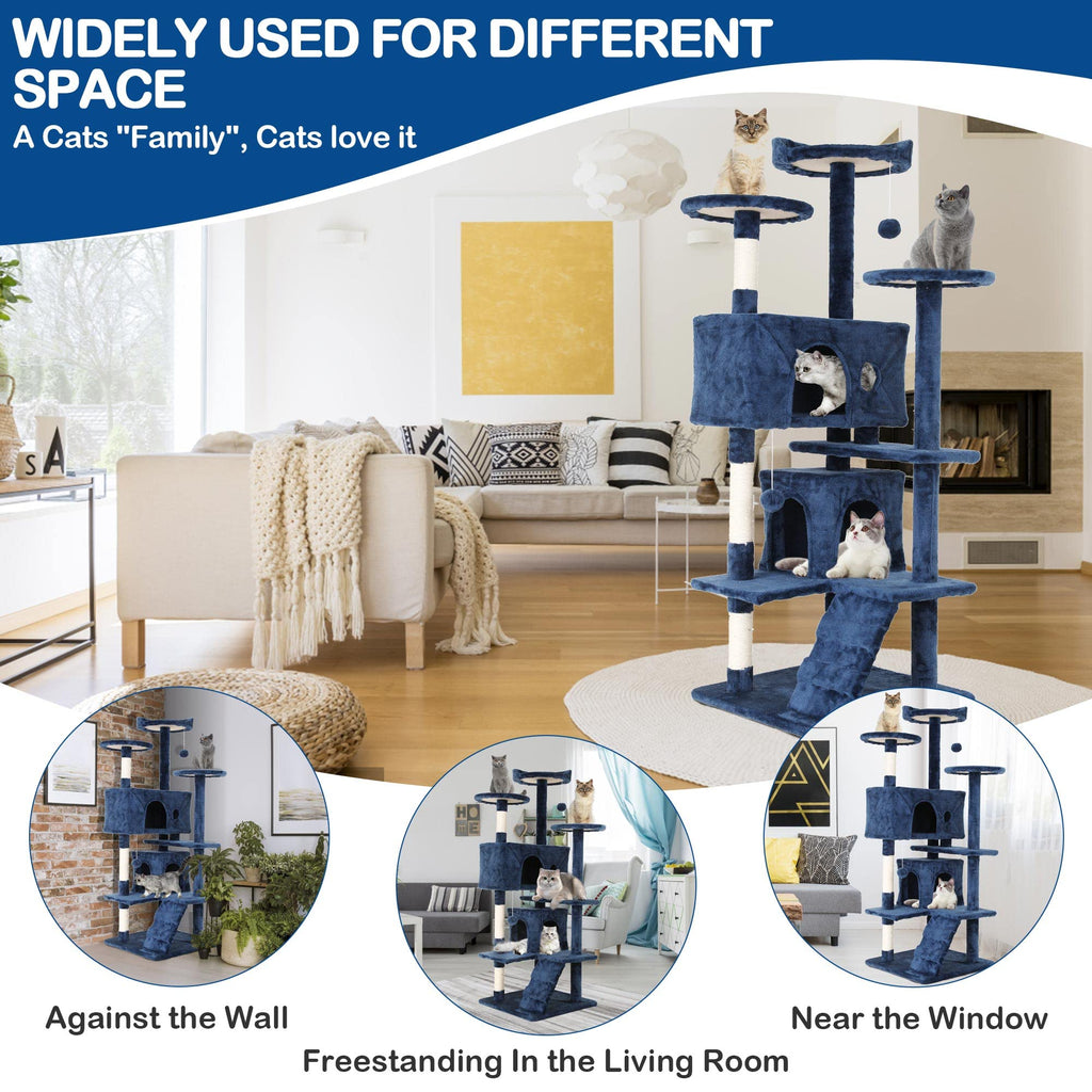 Heavy Duty Cat Tree Tower, 54" Tall Cat Tower for Indoor Cats with Cat Scratching Post with Bed, Cat Condo, Hanging Ball, Multi-Level Cat Climbing Tower Cat Trees Furniture Activity Center, Navy Blue