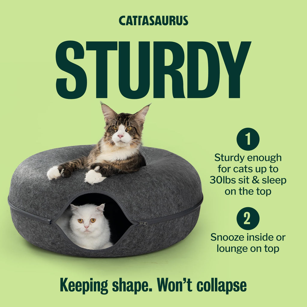 Cattasaurus Peekaboo Cat Cave Donut for Multiple & Large Cats up to 30-45 lbs, 3-in-1 Self Warming Cat Bed, Tunnel & Scratcher for Indoor Cats, Washable & Detachable Small Dog Bed (Dark Gray, Jumbo)