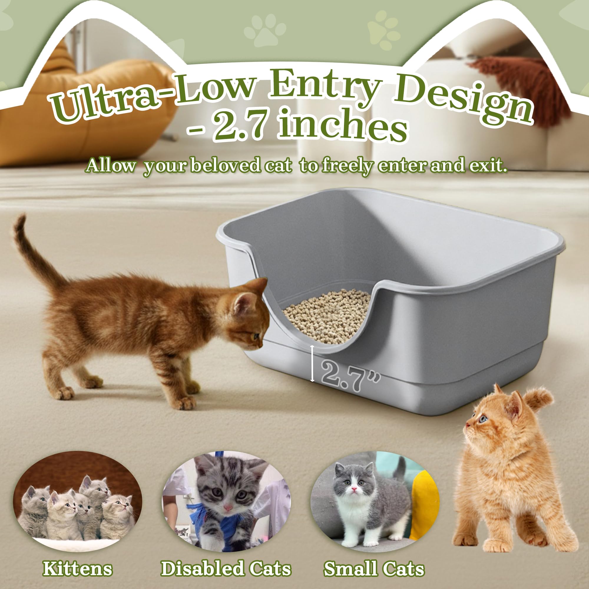 Tehoao Low Entry Small Litter Box for Kittens, Kitty Plastic Litter Boxes, Open Top, Anti-Splash High Sided Litter Tray Pan for Medium Pets, Puppy, Easy to Clean, 15.7" L*11.8" W*6.7" H (Grey)