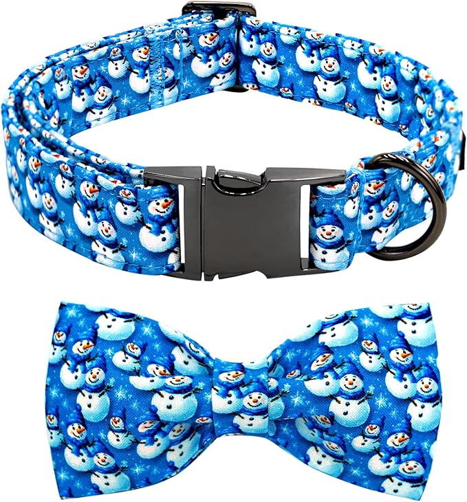 Bobo Rainbow Christmas Dog Collar, Cotton Winter Dog Collars with Bow Cute Blue Snowman Pet Collar Removable Blue White Winter Pet Collars with Metal Buckle for X-Small Girl and Boy Dogs