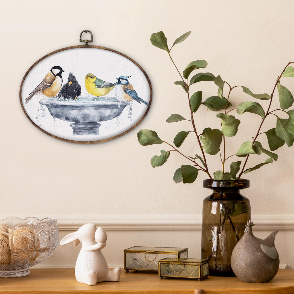 DILSJ Bird Oval Wall Art Decor, Country Bird Bath Canvas Wall Art Framed, Rustic Watercolor Birds Hanging Decorations for Bathroom Washroom Restroom Toilet, 8.5x11 Inch
